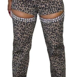 Leopard Print Cutout Pants with Rhinestones